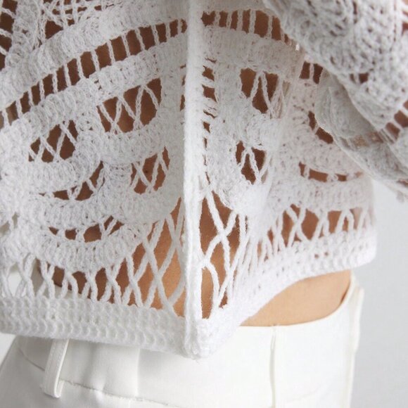 White Casual Women's Crew Neck Long Sleeve Sheer Front Button Up Blouse - Picture 9 of 11